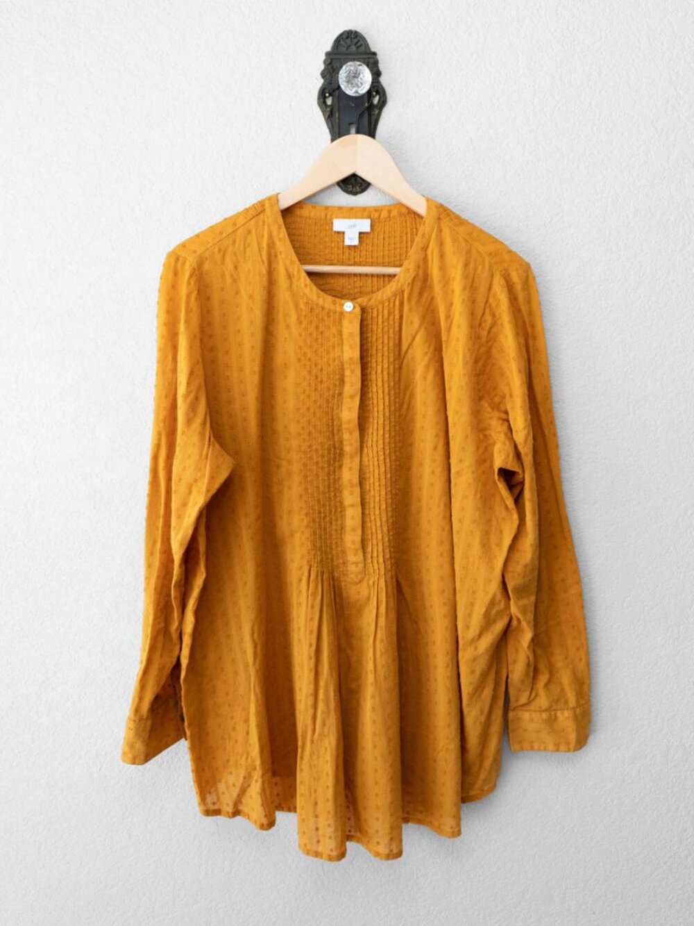 J Jill Tunic Womens L Mustard Yellow Clip Dot Pintuck 100% Cotton Boho Blouse